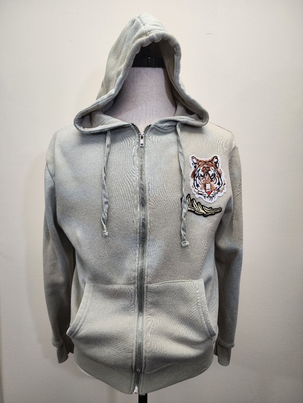 Upcycled Marble Wash Zip Hoodie Tiger Patch Hand Dyed Streetwear Size Small